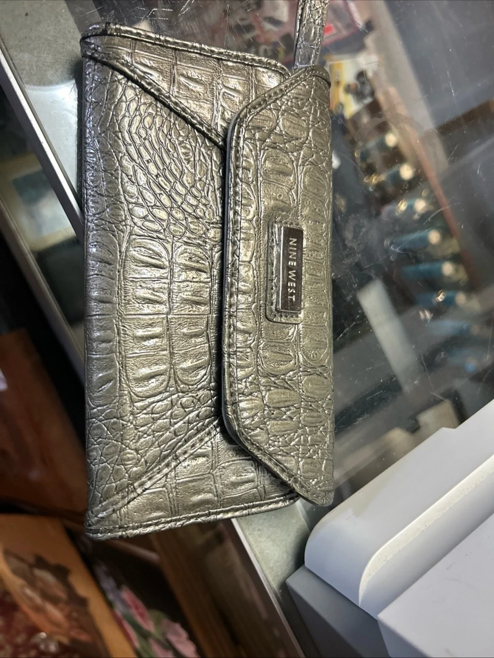 Nine West Metallic Croc-Embossed Wristlet in Silver